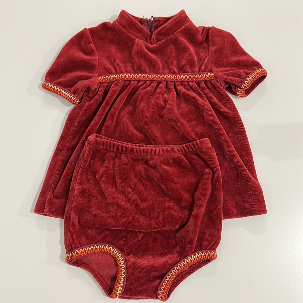Vintage two-piece burgundy velour outfit (dress and coveralls)